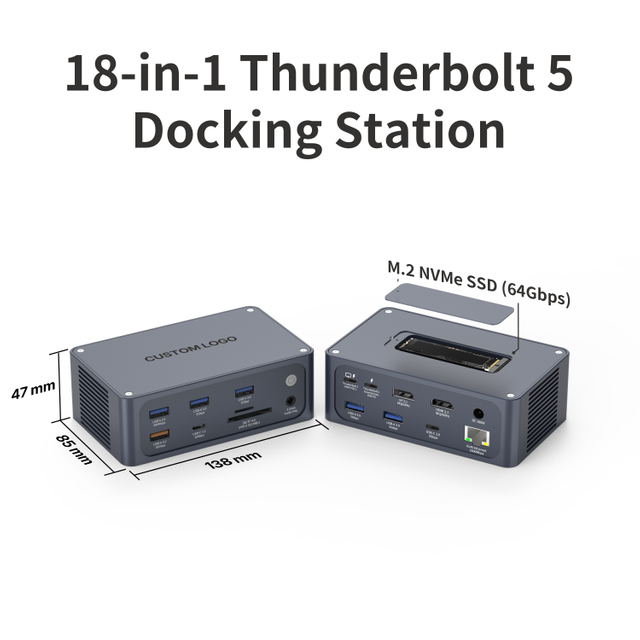 18-in-1 Thunderbolt 5 dockingstation, 8K bij 60 Hz MST-hub met drie schermen met 140 W PD 3.1 opladen, M.2 NVMe SSD-sleuf, 2,5 Gbps Ethernet voor MacBook Pro M5 en Windows-laptop