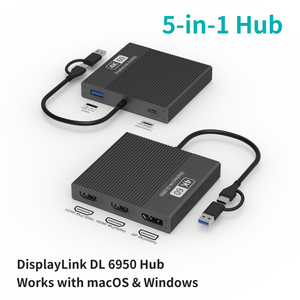 5-በ-1 8ኬ USB-C Hub የመትከያ ጣቢያ ከባለሁለት ኤችዲቲቪ እና ዲፒ፣ ኤምኤስቲ ባለብዙ ማሳያ፣ 100 ዋ ፒዲ ባትሪ መሙላት፣ ዩኤስቢ 3.0 አስማሚ