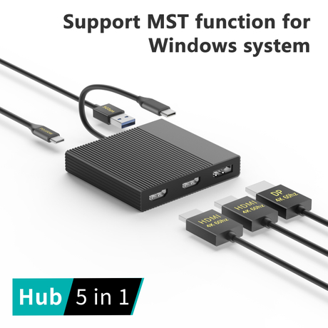 Док-станцыя USB-C-канцэнтратар 5-у-1 з патройным 4K@60 Гц (2&times;HDMI + DP), зарадкай PD 100 Вт і USB 3.0